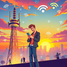 A dynamic and colorful illustration of a telecommunications theme featuring a person using a smartphone while standing next to a futuristic telecom tower
