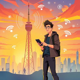 A dynamic and colorful illustration of a telecommunications theme featuring a person using a smartphone while standing next to a futuristic telecom tower