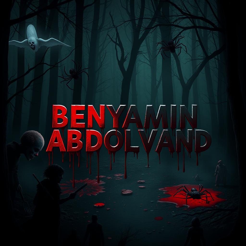 The name 'BENYAMIN ABDOLVAND' appears in a dark, ominous forest where shadows lurk and a chilling atmosphere reigns