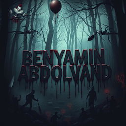 The name 'BENYAMIN ABDOLVAND' appears in a dark, ominous forest where shadows lurk and a chilling atmosphere reigns