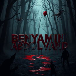 The name 'BENYAMIN ABDOLVAND' appears in a dark, ominous forest where shadows lurk and a chilling atmosphere reigns