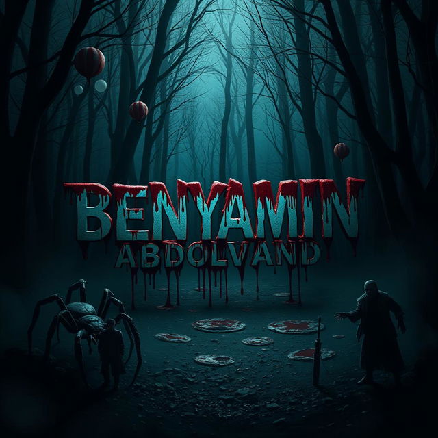 The name 'BENYAMIN ABDOLVAND' appears in a dark, ominous forest where shadows lurk and a chilling atmosphere reigns