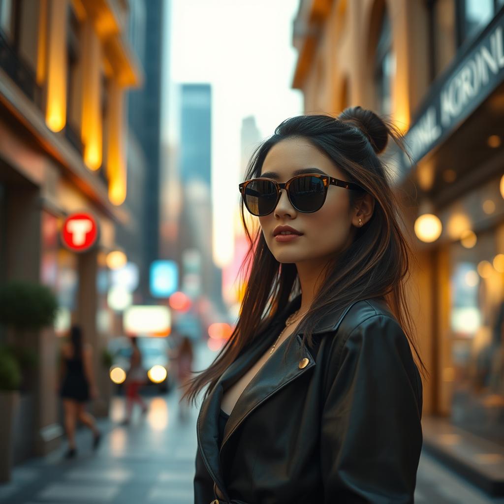 A cinematic portrait of a stylish young woman, standing confidently in an elegantly designed urban setting, vibrant city lights illuminating the scene