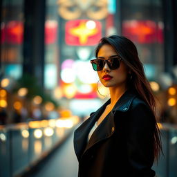 A cinematic portrait of a stylish young woman, standing confidently in an elegantly designed urban setting, vibrant city lights illuminating the scene