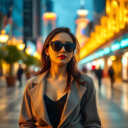 A cinematic portrait of a stylish young woman, standing confidently in an elegantly designed urban setting, vibrant city lights illuminating the scene
