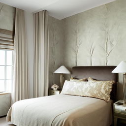 A chic bedroom with short walls covered in chic wallpaper and a small, single window. The room is elegantly arranged with fashionable furniture, creating a sophisticated and stylish ambiance.