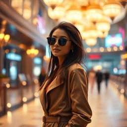 A cinematic portrait of a stylish young woman, standing confidently in an elegantly designed urban setting, vibrant city lights illuminating the scene