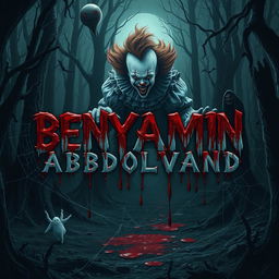A chilling and terrifying scene featuring the name "BENYAMIN ABDOLVAND" drenched in blood, with blood dripping down from it