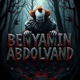 A chilling and terrifying scene featuring the name "BENYAMIN ABDOLVAND" drenched in blood, with blood dripping down from it