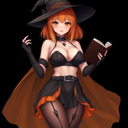 A sexy gothic anime witch girl with shoulder-length orange hair, stylishly wearing a classic witch's hat