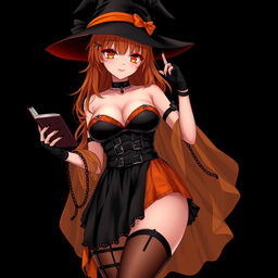 A sexy gothic anime witch girl with shoulder-length orange hair, stylishly wearing a classic witch's hat