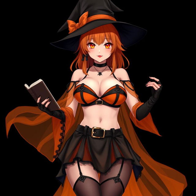 A sexy gothic anime witch girl with shoulder-length orange hair, stylishly wearing a classic witch's hat