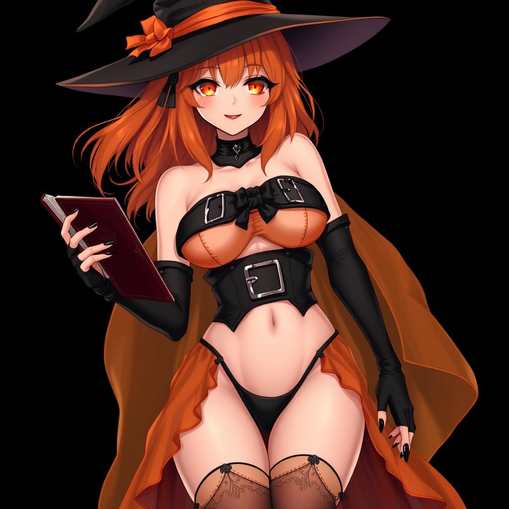 A sexy gothic anime witch girl with shoulder-length orange hair, stylishly wearing a classic witch's hat