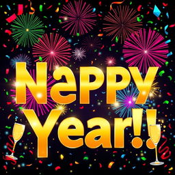 A vibrant New Year's banner design featuring bold, festive typography that reads 'Happy New Year!' in large, golden letters