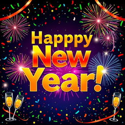 A vibrant New Year's banner design featuring bold, festive typography that reads 'Happy New Year!' in large, golden letters