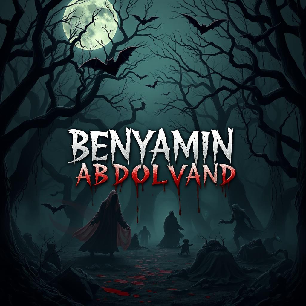 A terrifying and spooky scene featuring the name 'BENYAMIN ABDOLVAND' incorporated in a blood-dripping style