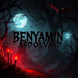 A terrifying and spooky scene featuring the name 'BENYAMIN ABDOLVAND' incorporated in a blood-dripping style