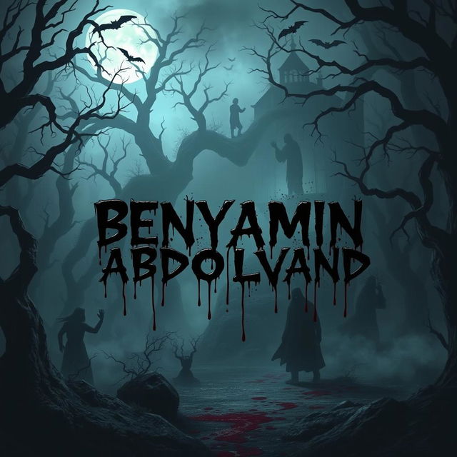 A terrifying and spooky scene featuring the name 'BENYAMIN ABDOLVAND' incorporated in a blood-dripping style