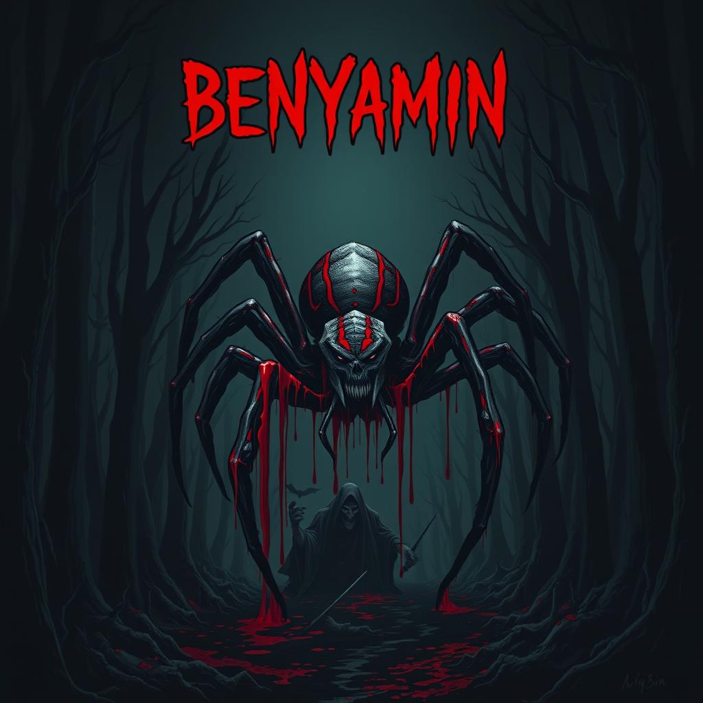 A dark and terrifying illustration featuring the name 'BENYAMIN' at the top, dripping with blood