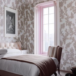 A chic bedroom with short walls covered in chic wallpaper and a small, single window. The room is elegantly arranged with fashionable furniture, creating a sophisticated and stylish ambiance.