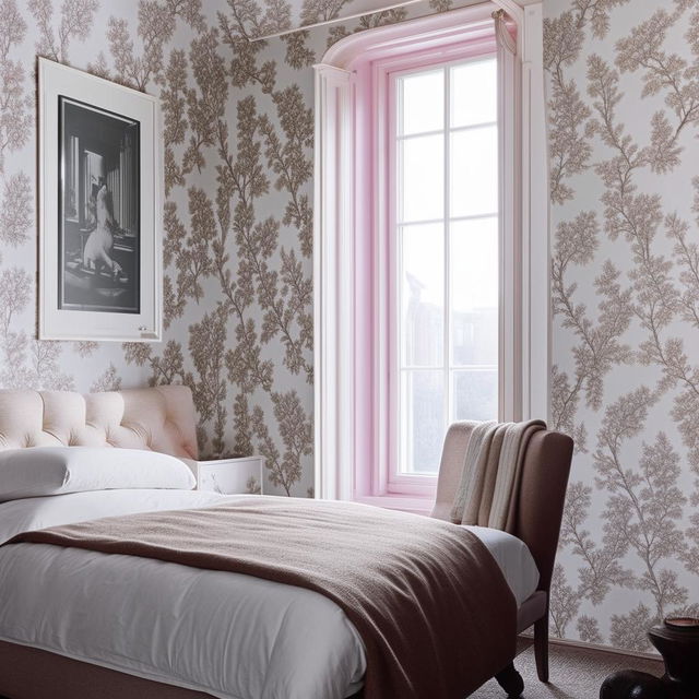 A chic bedroom with short walls covered in chic wallpaper and a small, single window. The room is elegantly arranged with fashionable furniture, creating a sophisticated and stylish ambiance.