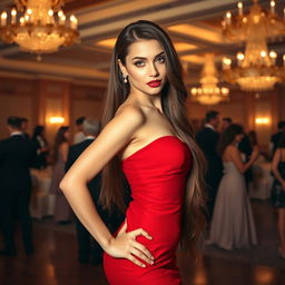 A stunning woman with long, flowing brunette hair cascading down her back, wearing an elegant, form-fitting red gown that accentuates her curves