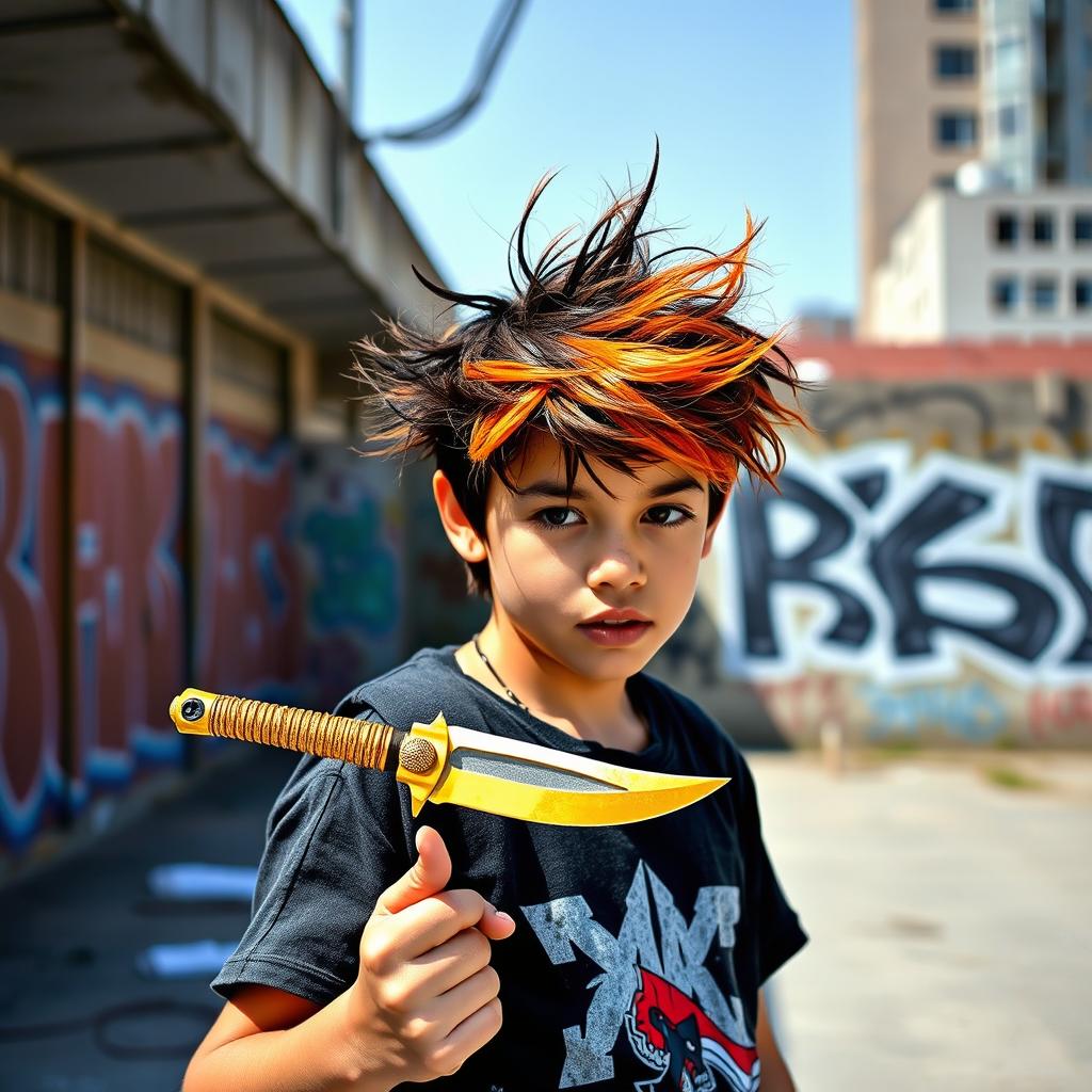 A teenager with messy orange and black hair styled in a chaotic manner, standing confidently and holding a shiny golden-wrapped karambit knife