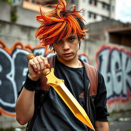 A teenager with messy orange and black hair styled in a chaotic manner, standing confidently and holding a shiny golden-wrapped karambit knife