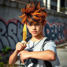 A teenager with messy orange and black hair styled in a chaotic manner, standing confidently and holding a shiny golden-wrapped karambit knife