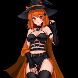 A sexy gothic anime witch girl with shoulder-length orange hair, stylishly wearing a classic witch's hat