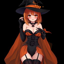A sexy gothic anime witch girl with shoulder-length orange hair, stylishly wearing a classic witch's hat