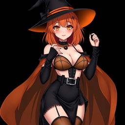A sexy gothic anime witch girl with shoulder-length orange hair, stylishly wearing a classic witch's hat