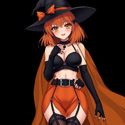 A sexy gothic anime witch girl with shoulder-length orange hair, stylishly wearing a classic witch's hat