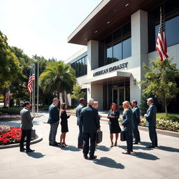 A professional and sleek scene set outside the American Embassy