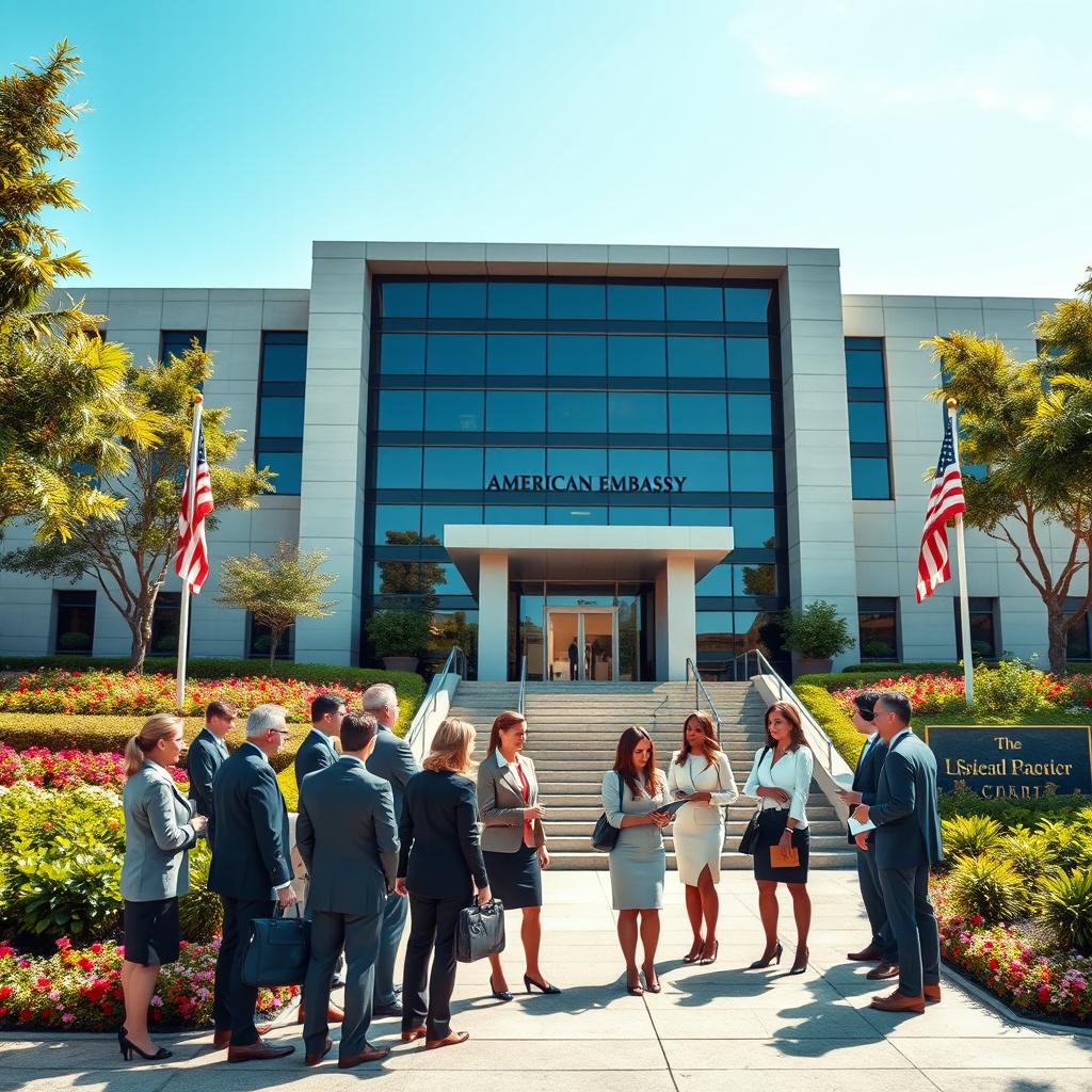 A professional and sleek scene set outside the American Embassy