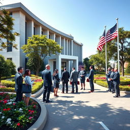 A professional and sleek scene set outside the American Embassy