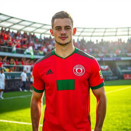 Cavan Sullivan wearing a Bangladesh football team jersey, standing on a football pitch with vibrant green grass, surrounded by cheering fans in the background