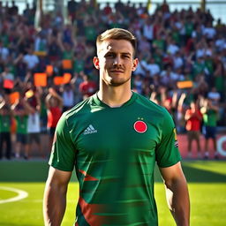 Cavan Sullivan wearing a Bangladesh football team jersey, standing on a football pitch with vibrant green grass, surrounded by cheering fans in the background
