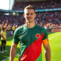 Cavan Sullivan wearing a Bangladesh football team jersey, standing on a football pitch with vibrant green grass, surrounded by cheering fans in the background