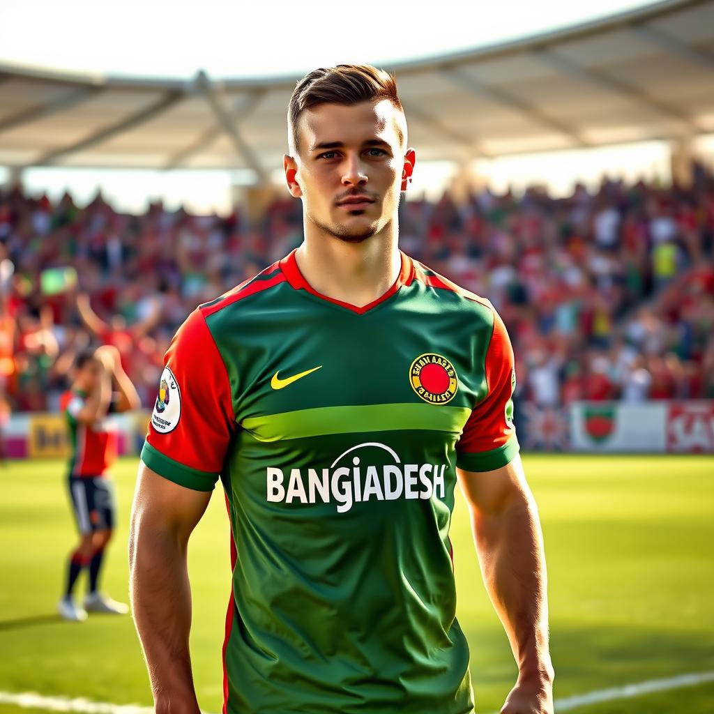 Cavan Sullivan wearing a Bangladesh football team jersey, standing on a football pitch with vibrant green grass, surrounded by cheering fans in the background