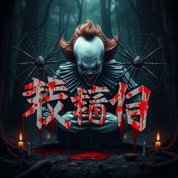 A terrifying scene featuring a creepy clown inspired by Pennywise, surrounded by eerie spirits and two large spiders weaving intricate webs