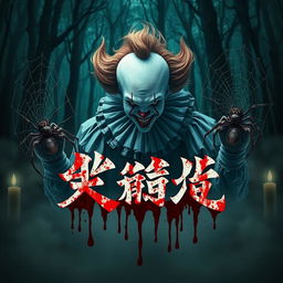 A terrifying scene featuring a creepy clown inspired by Pennywise, surrounded by eerie spirits and two large spiders weaving intricate webs