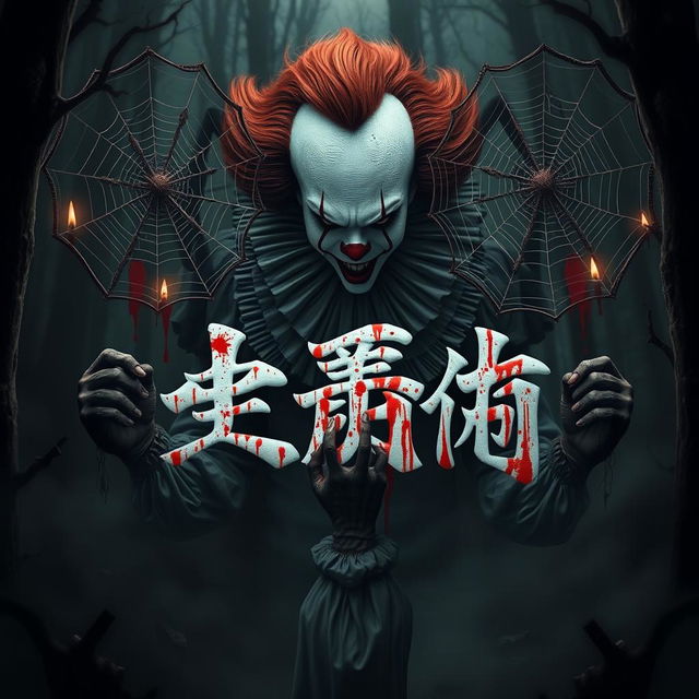 A terrifying scene featuring a creepy clown inspired by Pennywise, surrounded by eerie spirits and two large spiders weaving intricate webs