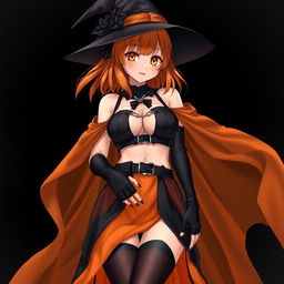 A sexy gothic anime witch girl with shoulder-length orange hair, stylishly wearing a classic witch's hat