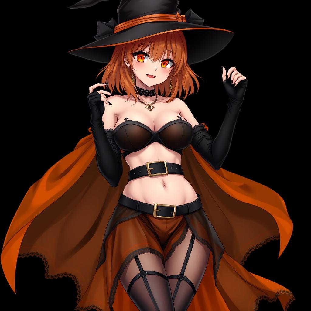 A sexy gothic anime witch girl with shoulder-length orange hair, stylishly wearing a classic witch's hat