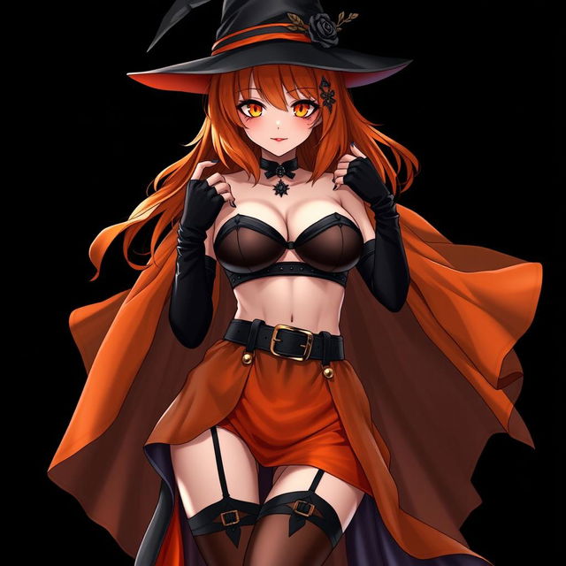 A sexy gothic anime witch girl with shoulder-length orange hair, stylishly wearing a classic witch's hat