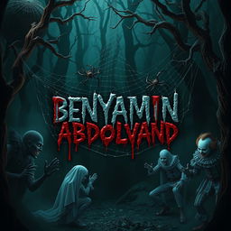 A chilling scene in a dark forest, featuring eerie, scary clowns reminiscent of Pennywise