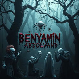 A chilling scene in a dark forest, featuring eerie, scary clowns reminiscent of Pennywise