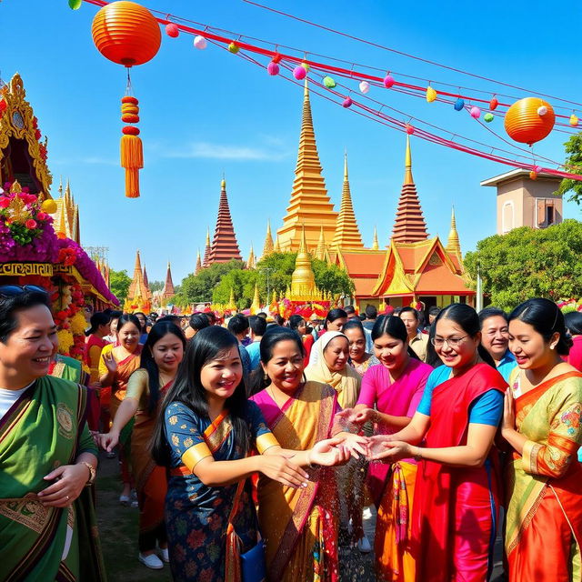 A vibrant celebration of Myanmar's Happy New Year, featuring traditional cultural elements such as colorful floats, people wearing traditional Myanmar attire, and joyful smiles