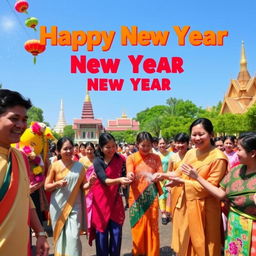 A vibrant celebration of Myanmar's Happy New Year, featuring traditional cultural elements such as colorful floats, people wearing traditional Myanmar attire, and joyful smiles